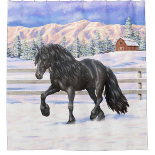 Black Friesian Draught Horse Trotting In Snow Shower Curtain