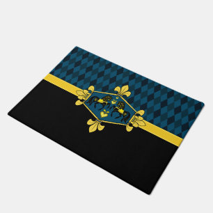 Black Friesian folk horse, Blue diamond print,gold Doormat