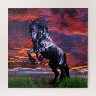 Black Friesian/frisian stallion sunset - cartooned Jigsaw Puzzle