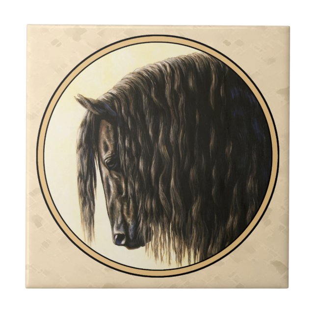 Black Friesian Horse Beige Tile (Front)