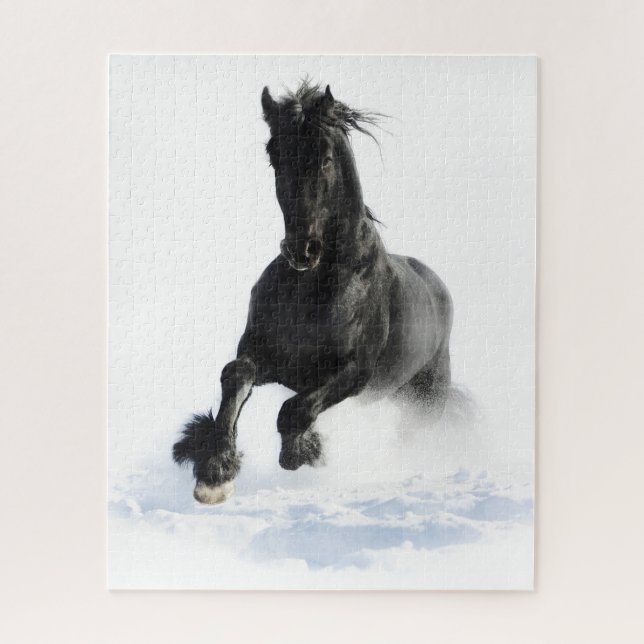 Black Friesian Horse In Snow Jigsaw Puzzle (Vertical)