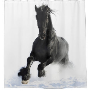 Black Friesian Horse In Snow Shower Curtain