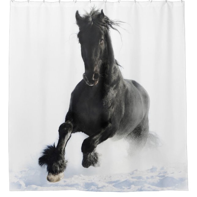 Black Friesian Horse In Snow Shower Curtain (Front)