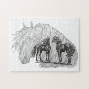 Black Friesian Horses Manes Tails Jigsaw Puzzle