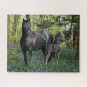 Black Friesian Mare and Foal In Bluebells Jigsaw Puzzle
