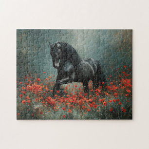 Black Friesian Stallion Red Poppies Jigsaw Puzzle