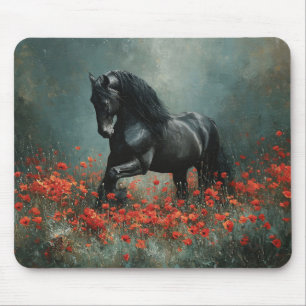 Black Friesian Stallion Red Poppies Mouse Mat