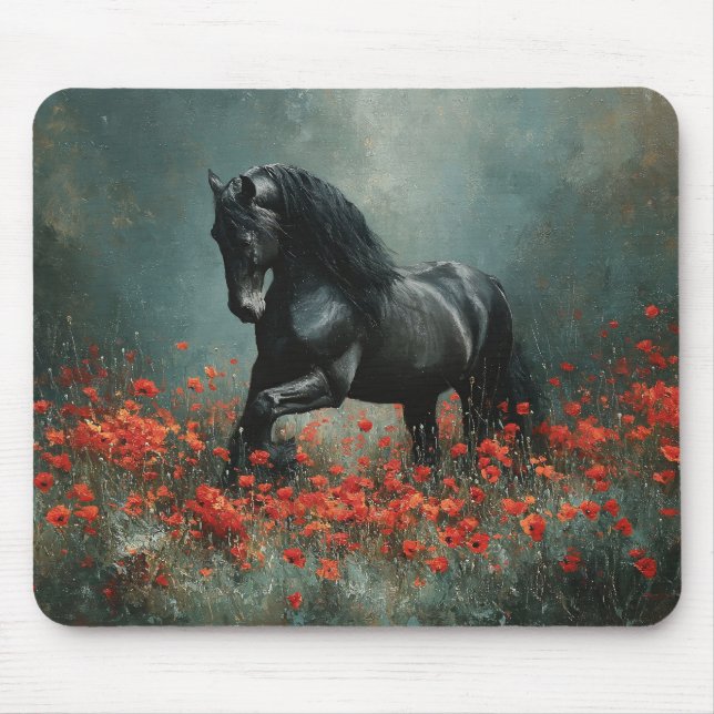 Black Friesian Stallion Red Poppies Mouse Mat (Front)