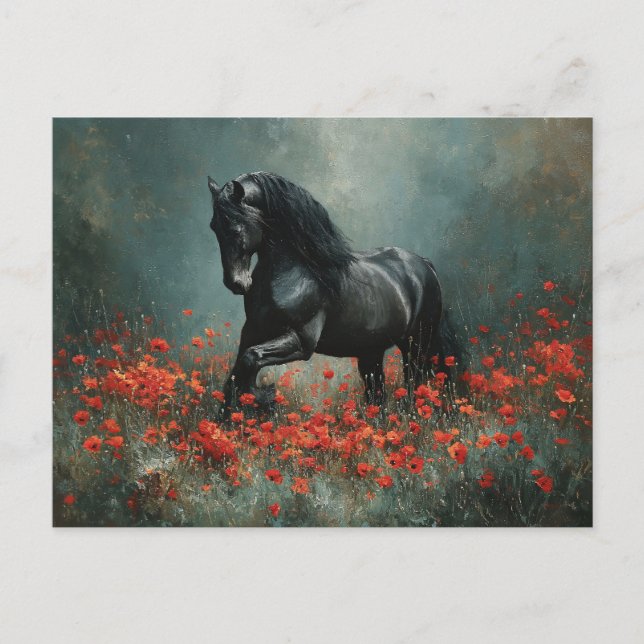 Black Friesian Stallion Red Poppies Postcard (Front)