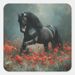 Black Friesian Stallion Red Poppies Square Sticker
