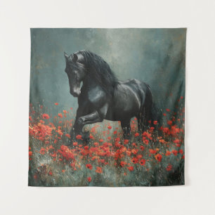 Black Friesian Stallion Red Poppies Tapestry