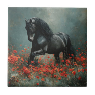 Black Friesian Stallion Red Poppies Tile