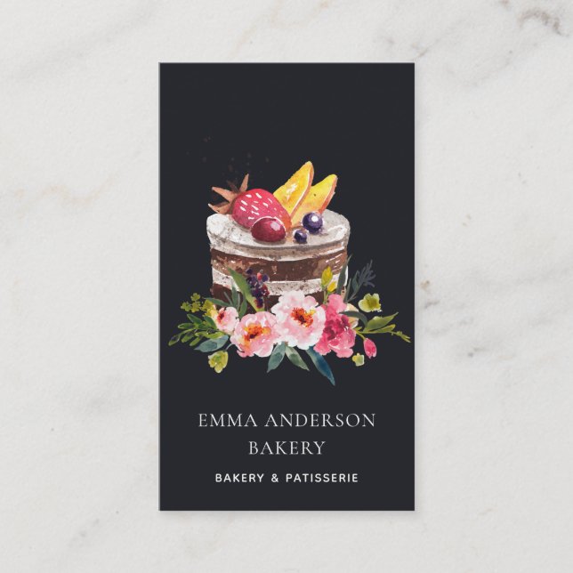 BLACK FRUIT FLORAL CAKE PATISSERIE CUPCAKE BAKERY BUSINESS CARD (Front)