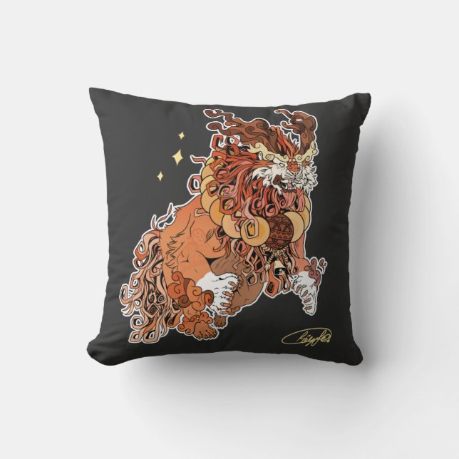 Black Fu Dog Throw Pillow with artist signature  (Front)