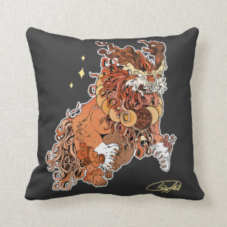 Black Fu Dog Throw Pillow with artist signature
