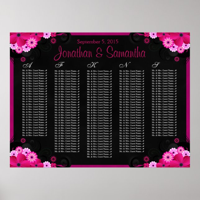Black Fuchsia Floral Wedding Table Seating Charts (Front)