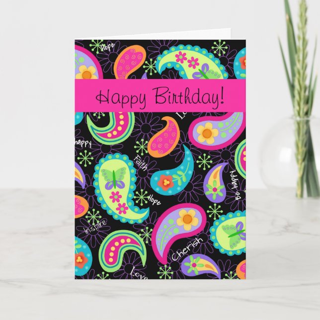 Black Fuchsia Pink Modern Paisley Happy Birthday Card (Front)