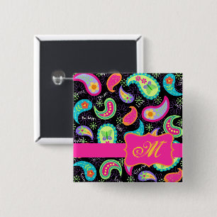Black Fuchsia Pink Modern Paisley Monogram 15 Cm Square Badge