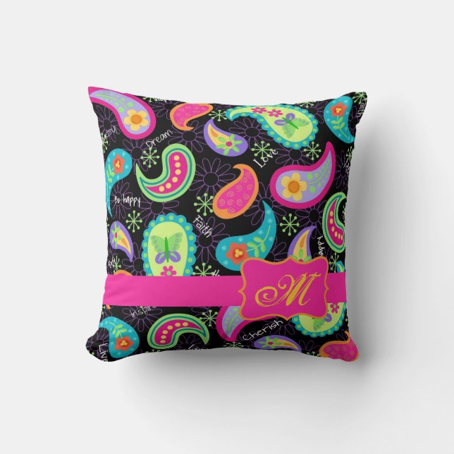 Black Fuchsia Pink Modern Paisley Monogram Cushion (Front)