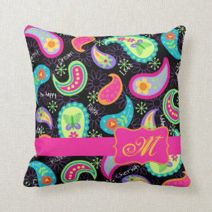 Black Fuchsia Pink Modern Paisley Monogram Cushion