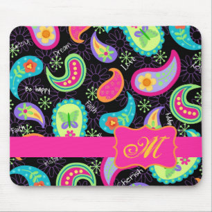 Black Fuchsia Pink Modern Paisley Monogram Mouse Mat