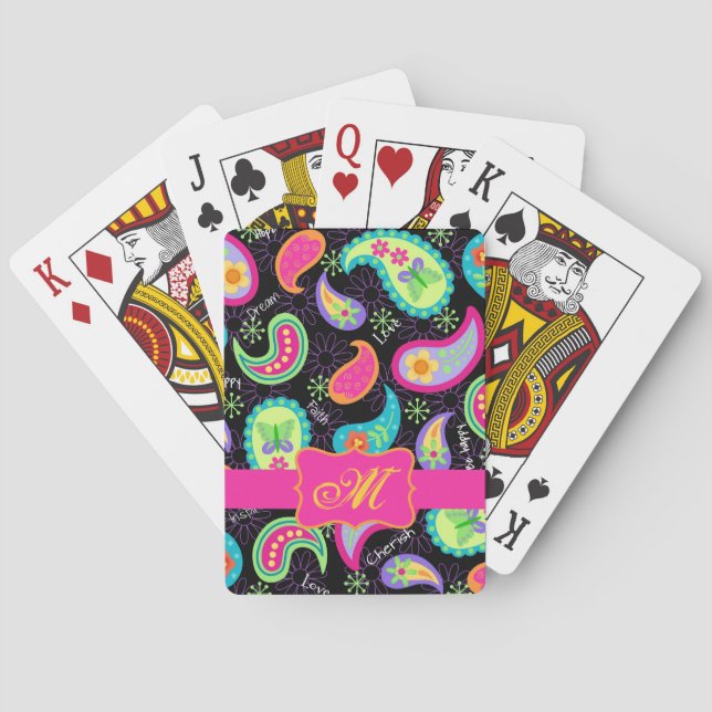 Black Fuchsia Pink Modern Paisley Monogram Playing Cards (Back)