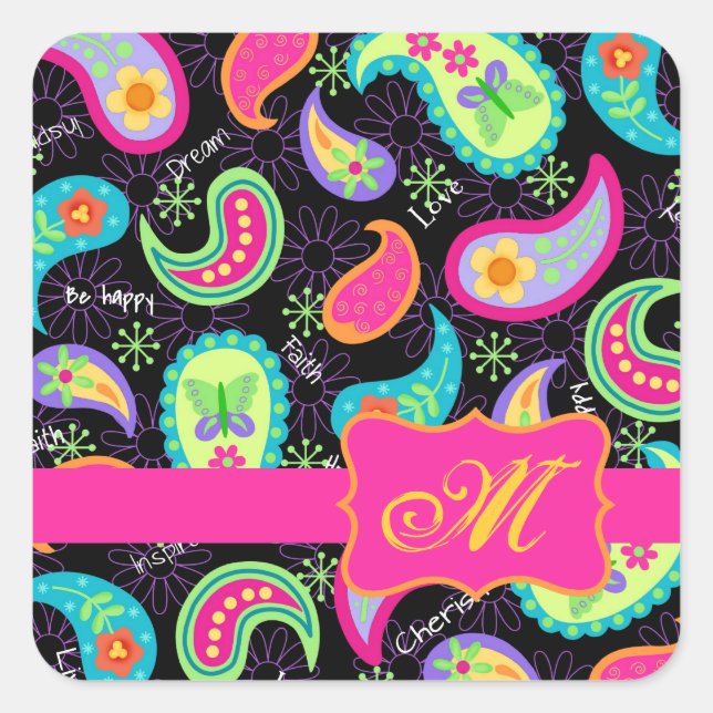 Black Fuchsia Pink Modern Paisley Monogram Square Sticker (Front)