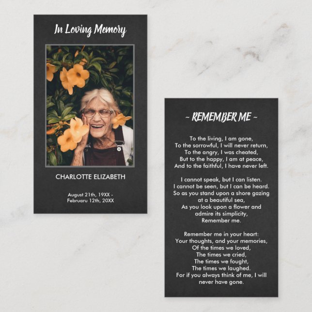 Black Funeral Memorial Photo Sympathy Prayer Card (Front/Back)