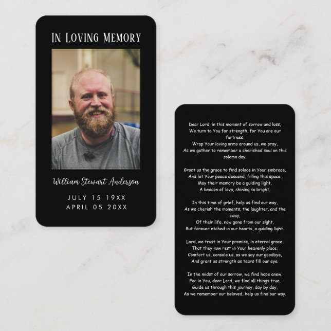 Black Funeral Sympathy Memorial Prayer Photo Card (Front/Back)