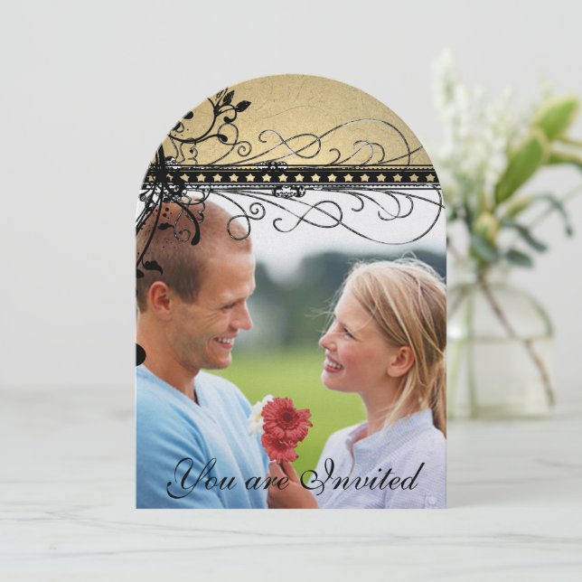 Black Funky Elegant Swirl Wedding Photo Invitation (Standing Front)