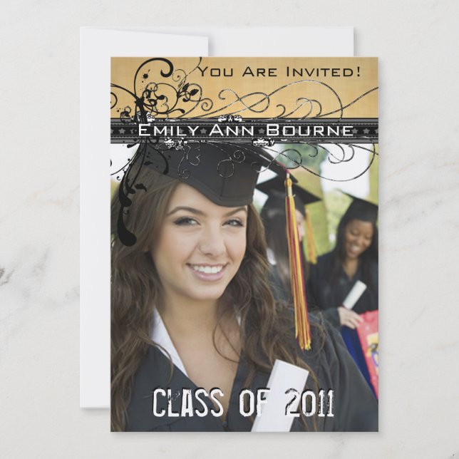 Black Funky Elegant Swirls Graduation Invite (Front)