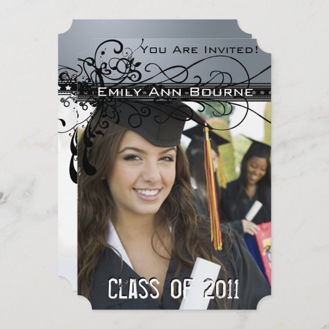 Black Funky Elegant Swirls Graduation Invite (Front/Back)