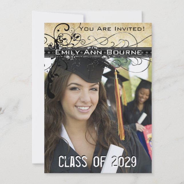 Black Funky Elegant Swirls Graduation Invite (Front)