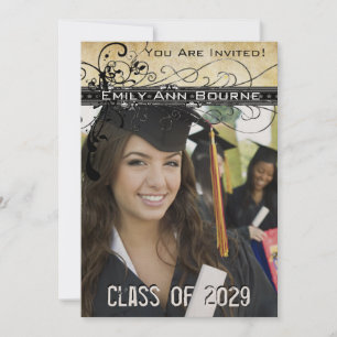 Black Funky Elegant Swirls Graduation Invite