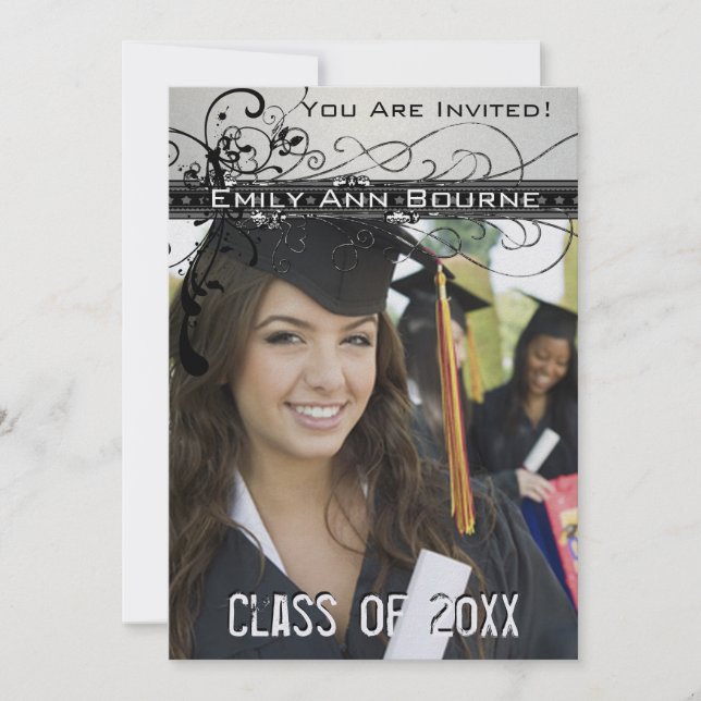 Black Funky Elegant Swirls Graduation Invite (Front)