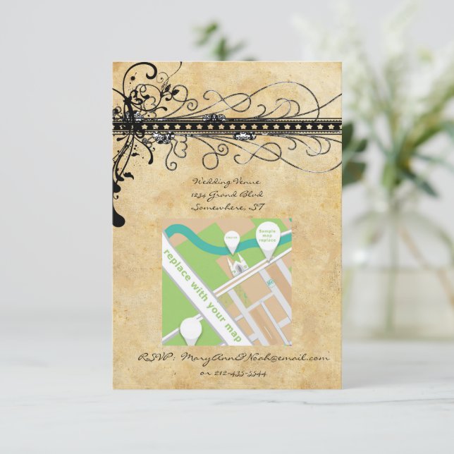 Black Funky Elegant Swirls Wedding Invitation (Standing Front)