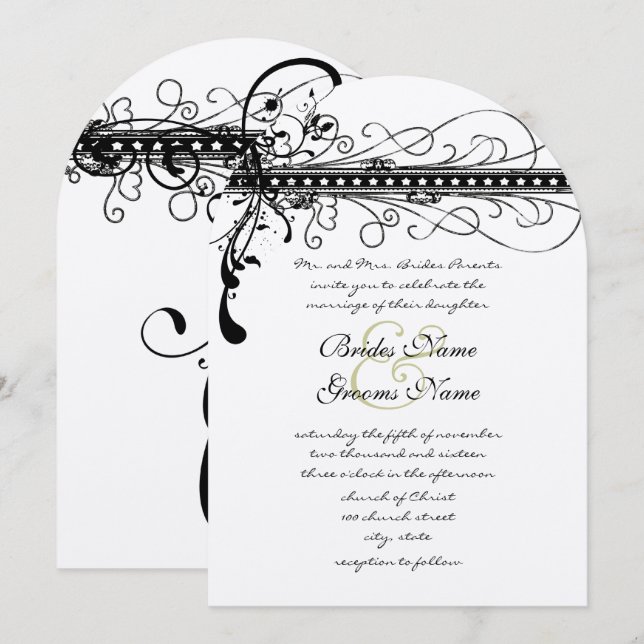 Black Funky Elegant Swirls Wedding Invitation (Front/Back)