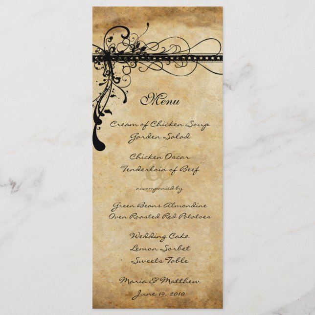 Black Funky Elegant Swirls Wedding Menu (Front)