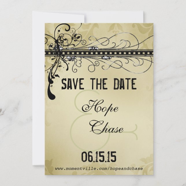 Black Funky Elegant Swirls Wedding Save the Date (Front)