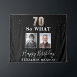 Black Funny 70 So what 70th Birthday 2 Photo Tapestry<br><div class="desc">Black Funny 70 So what 70th Birthday 2 Photo Tapestry Backdrop. 70 so what funny quote. Personalise with your name and 2 photos - add before and now photos. Great for him or her who celebrates the seventieth birthday and has a sense of humour.</div>