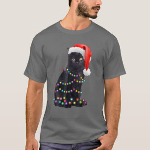 Black Funny Cat Christmas Light Cat Lover Christma T-Shirt