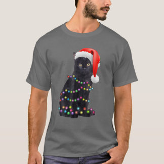 Black Funny Cat Christmas Light Cat Lover Christma T-Shirt