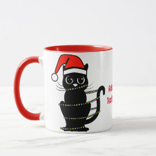 Black Funny Cat Christmas Light Santa Hat Red Mug