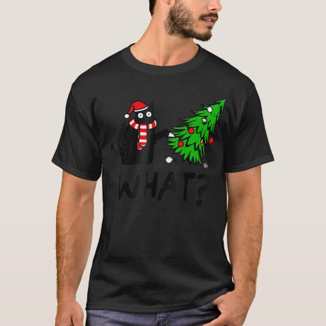 Black Funny Cat Christmas Tree Over What T-Shirt (Front)