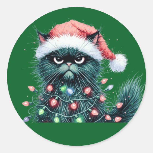 Black funny Christmas cat  Classic Round Sticker (Front)