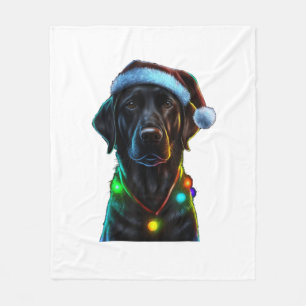 Black Funny dog Christmas Santa Hat lights tree Fleece Blanket