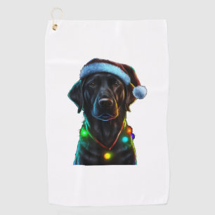 Black Funny dog Christmas Santa Hat lights tree Golf Towel
