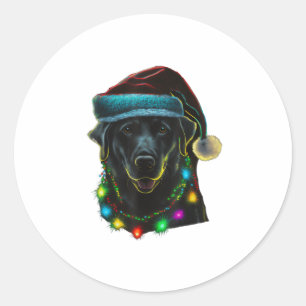 black Funny dog Christmas Santa Hat lights tree ho Classic Round Sticker