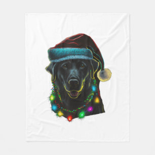 black Funny dog Christmas Santa Hat lights tree ho Fleece Blanket