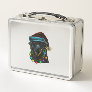 black Funny dog Christmas Santa Hat lights tree ho Metal Lunch Box
